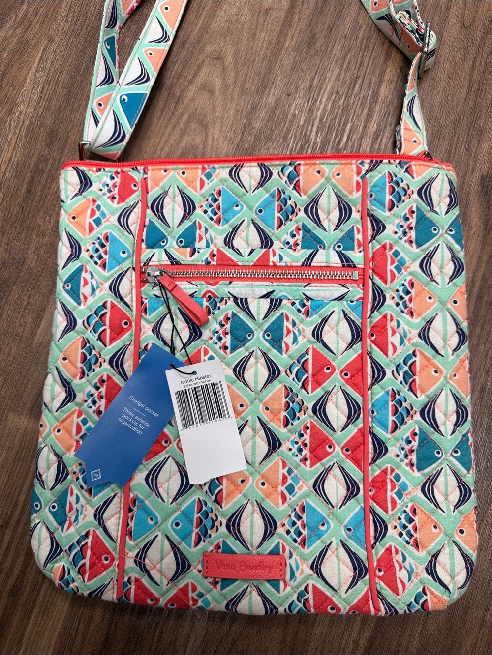 Vera Bradley Iconic Hipster Go Fish Coral Teal Multi Quilted Crossbody